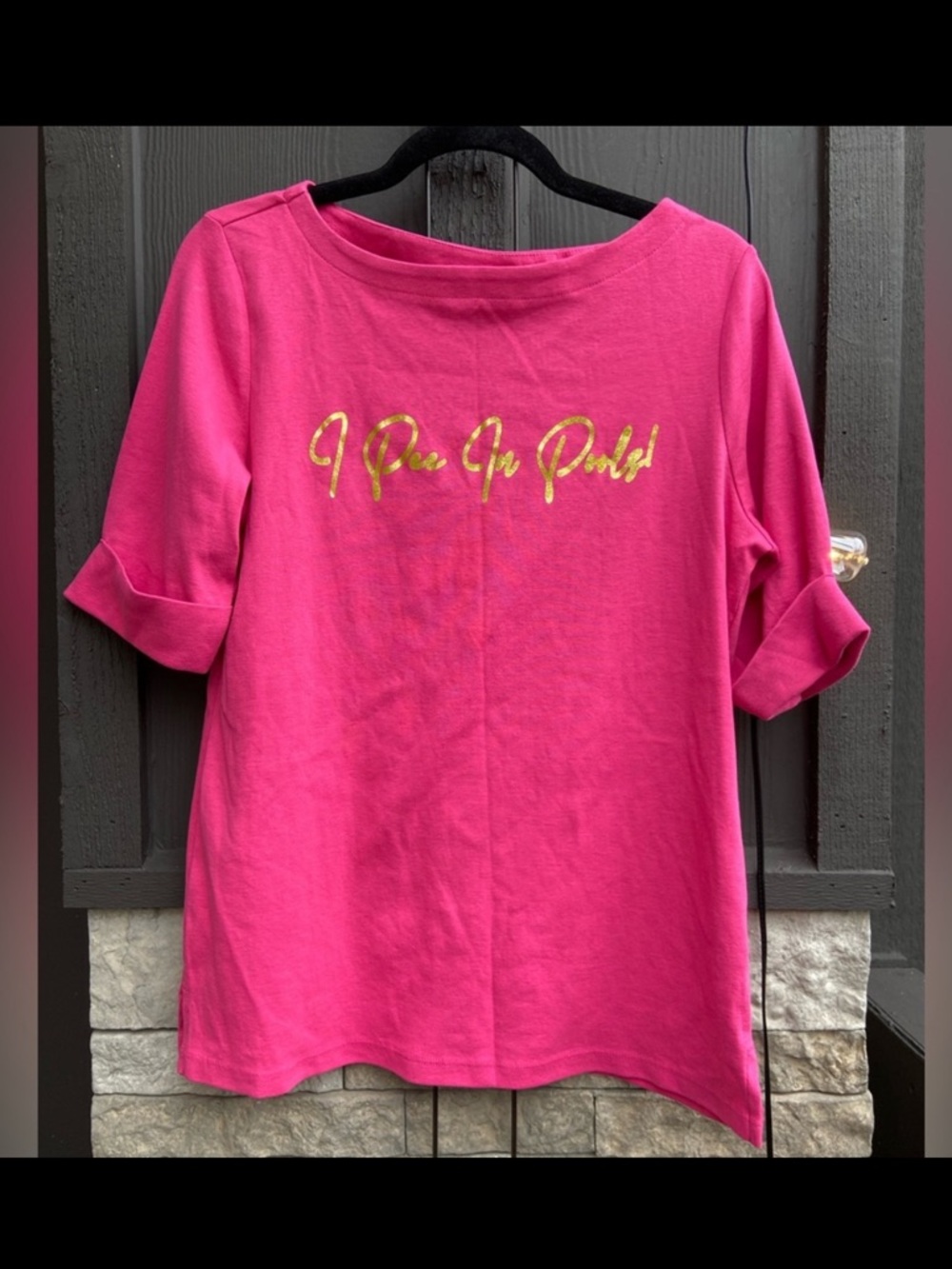 Pink Tee with Funny Gold Script